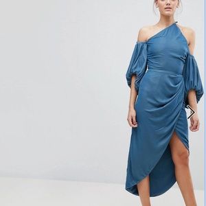 ASOS TALL one shoulder velvet drape midi dress - dusky blue